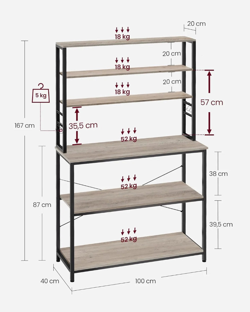 Industriel køkkenreol med 4 hylder og S-kroge