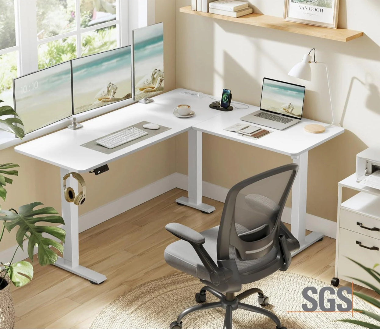 Elektrisk L-formet hæve-sænkebord 140x160 cm med USB