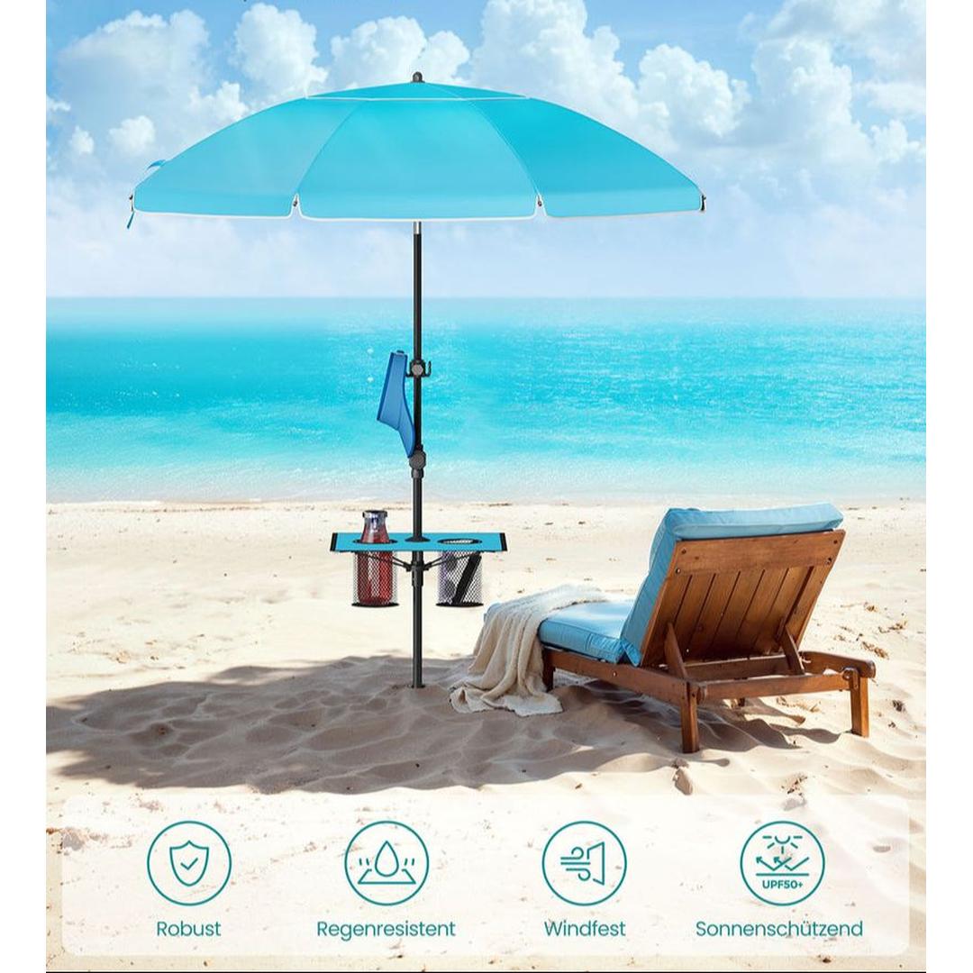 Strandparasol med opbevaringsrum – Ø160 eller 200 cm – justerbar 158-206 cm – UPF 50+ UV-beskyttelse – inkl. bæretaske