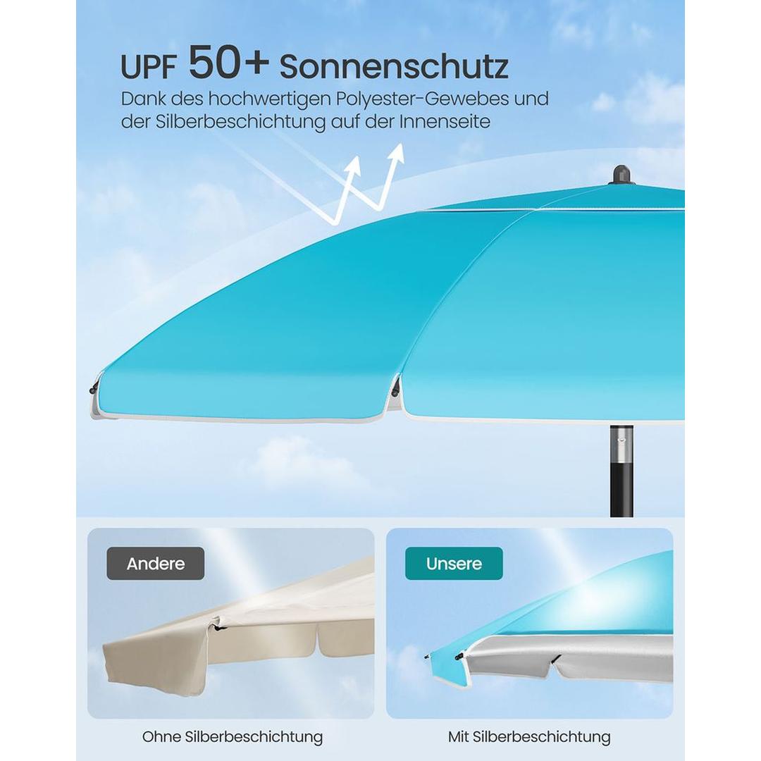 Strandparasol med opbevaringsrum – Ø160 eller 200 cm – justerbar 158-206 cm – UPF 50+ UV-beskyttelse – inkl. bæretaske