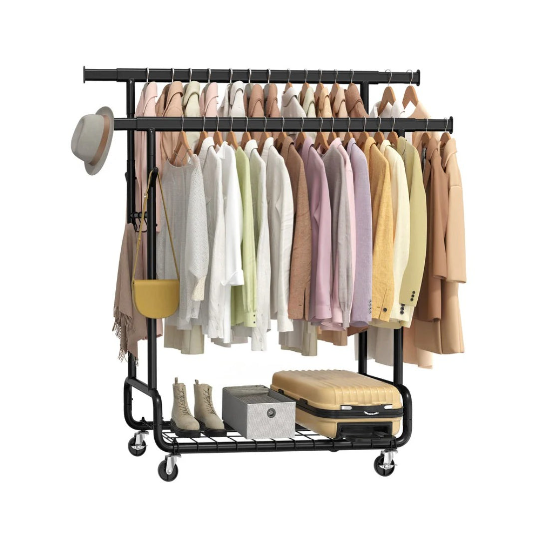 Tøjstativ på hjul – justerbar dobbelt stang 270 kg