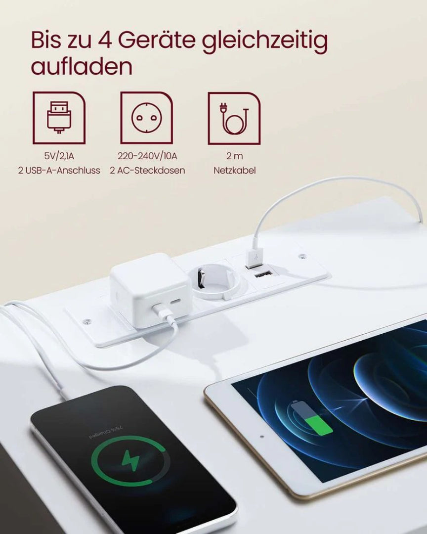 Sengebord med stikkontakt og USB-opladning