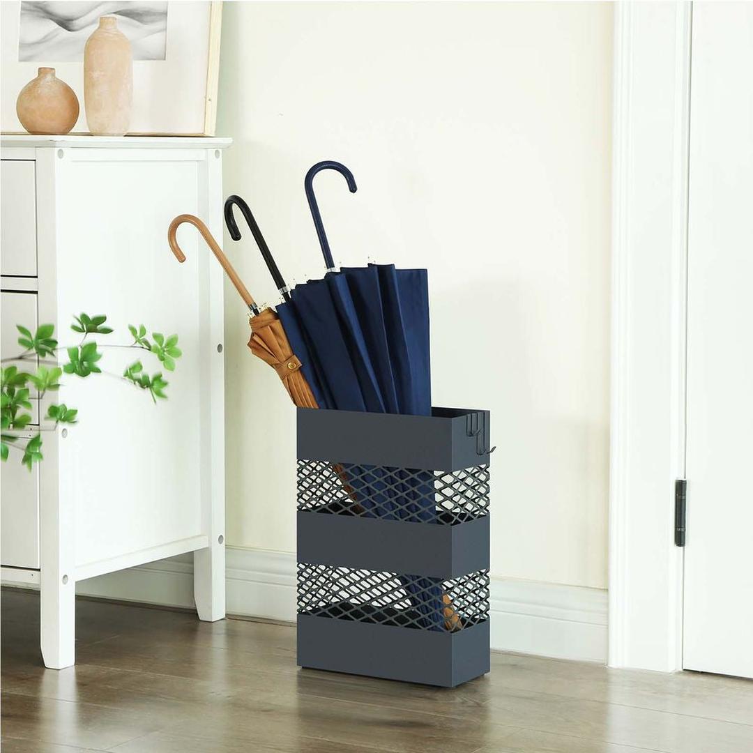 Paraplystativ med 4 Kroge – Metal Paraplyholder med Drypbakke i Antracit