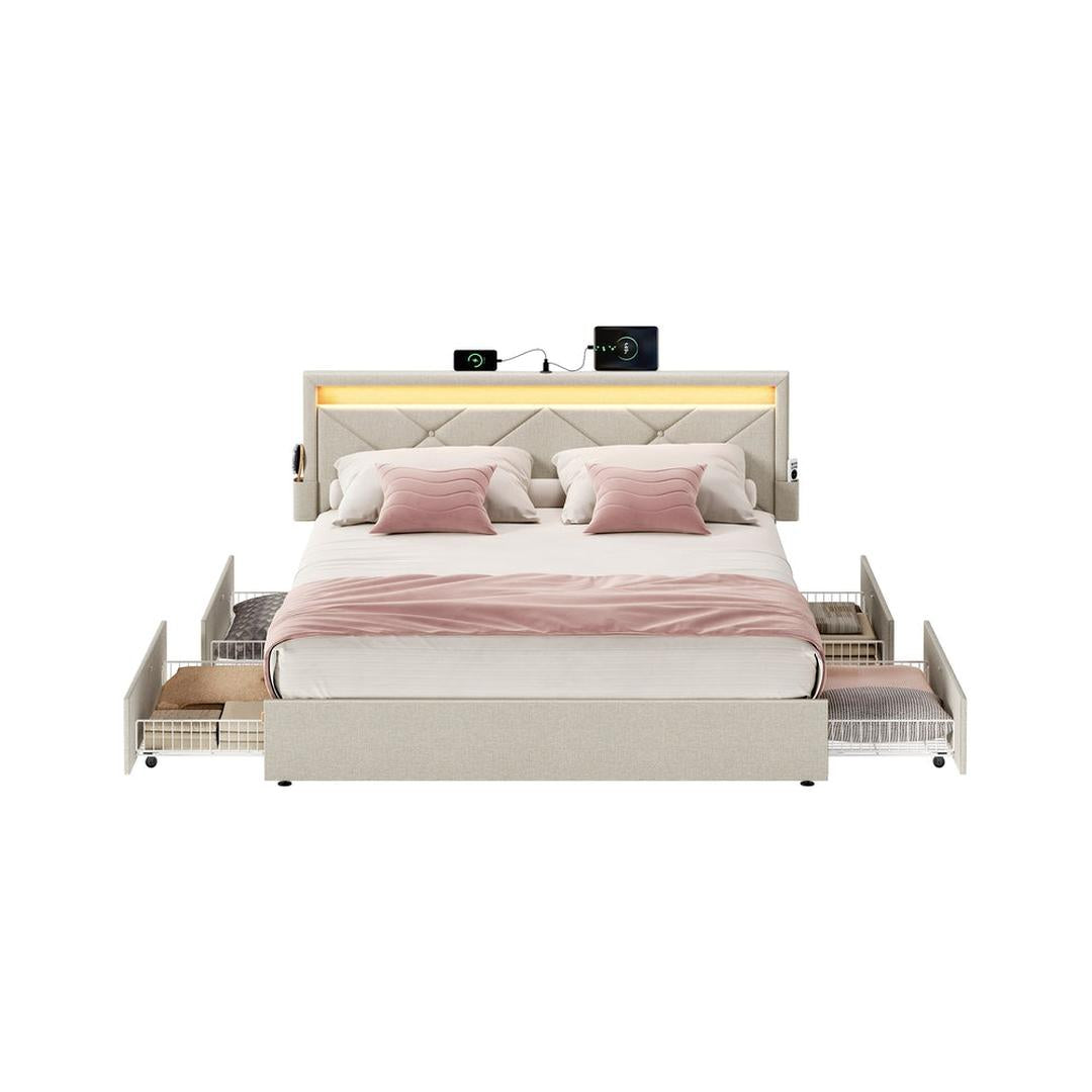 LED-boxspringseng med opbevaringsskuffer – USB-A og USB-C, justerbart sengegavl, cappuccino beige