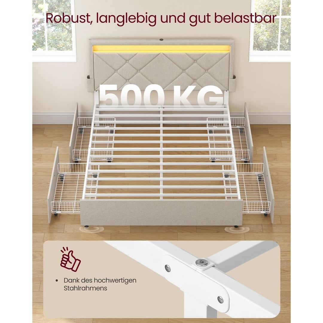 LED-boxspringseng med opbevaringsskuffer – USB-A og USB-C, justerbart sengegavl, cappuccino beige