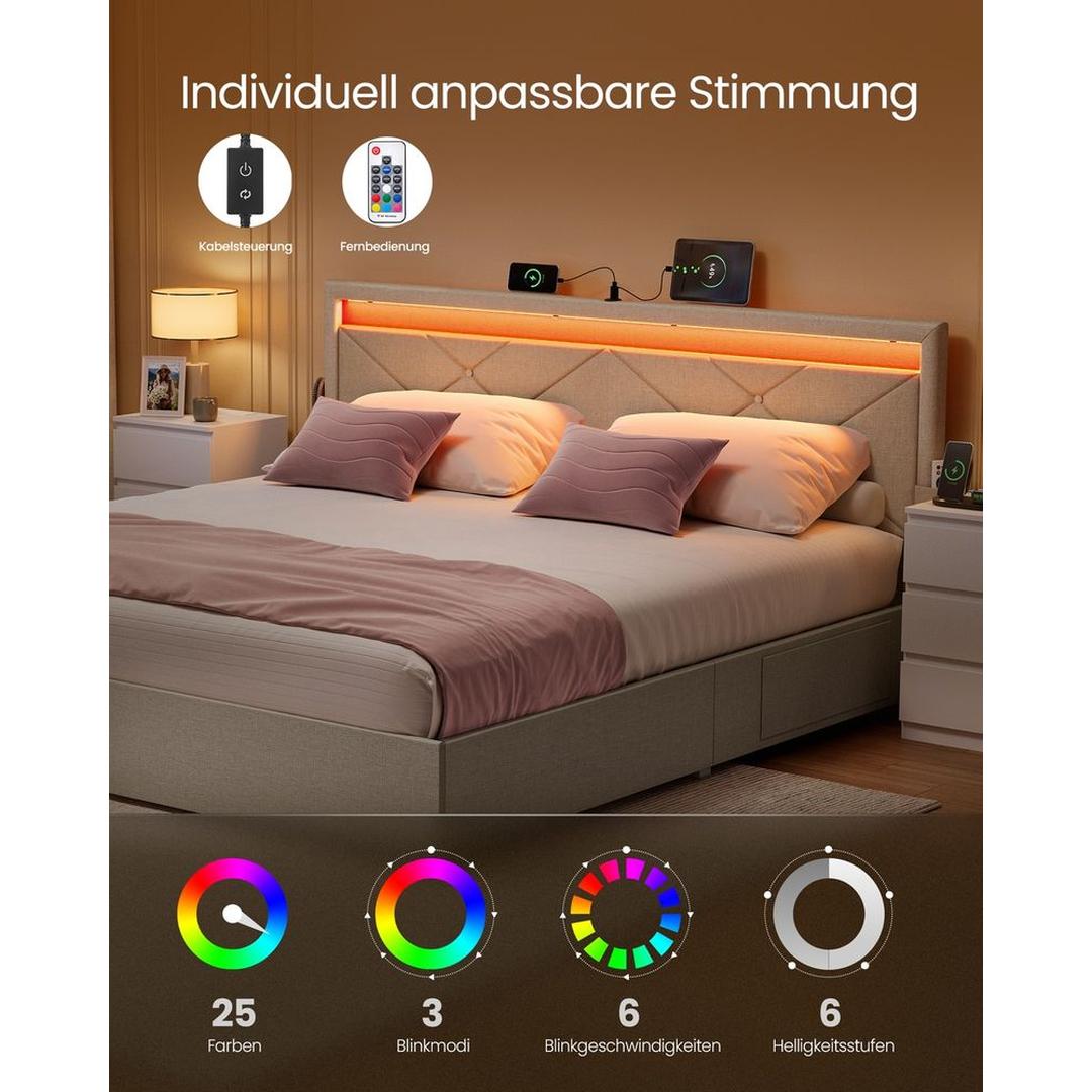 LED-boxspringseng med opbevaringsskuffer – USB-A og USB-C, justerbart sengegavl, cappuccino beige