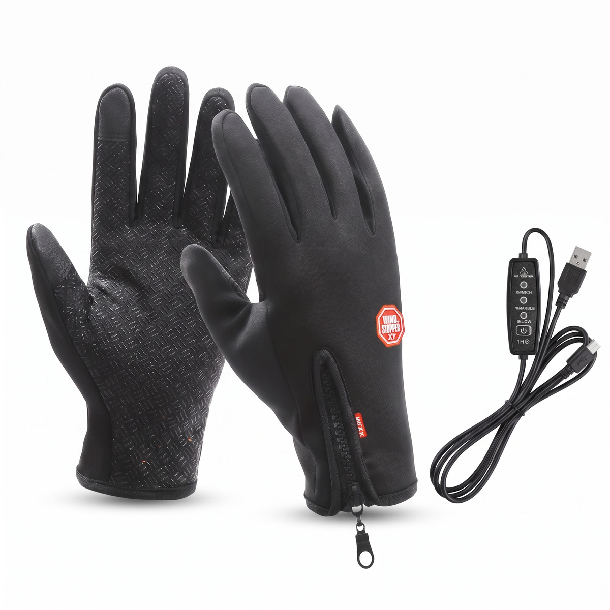 Sorte varmehandsker med touchfunktion og USB-ledning