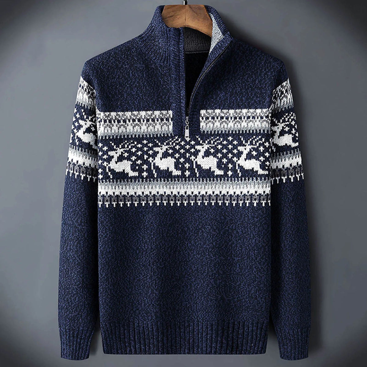 Herresweater med Fair Isle-mønster og half-zip i blå