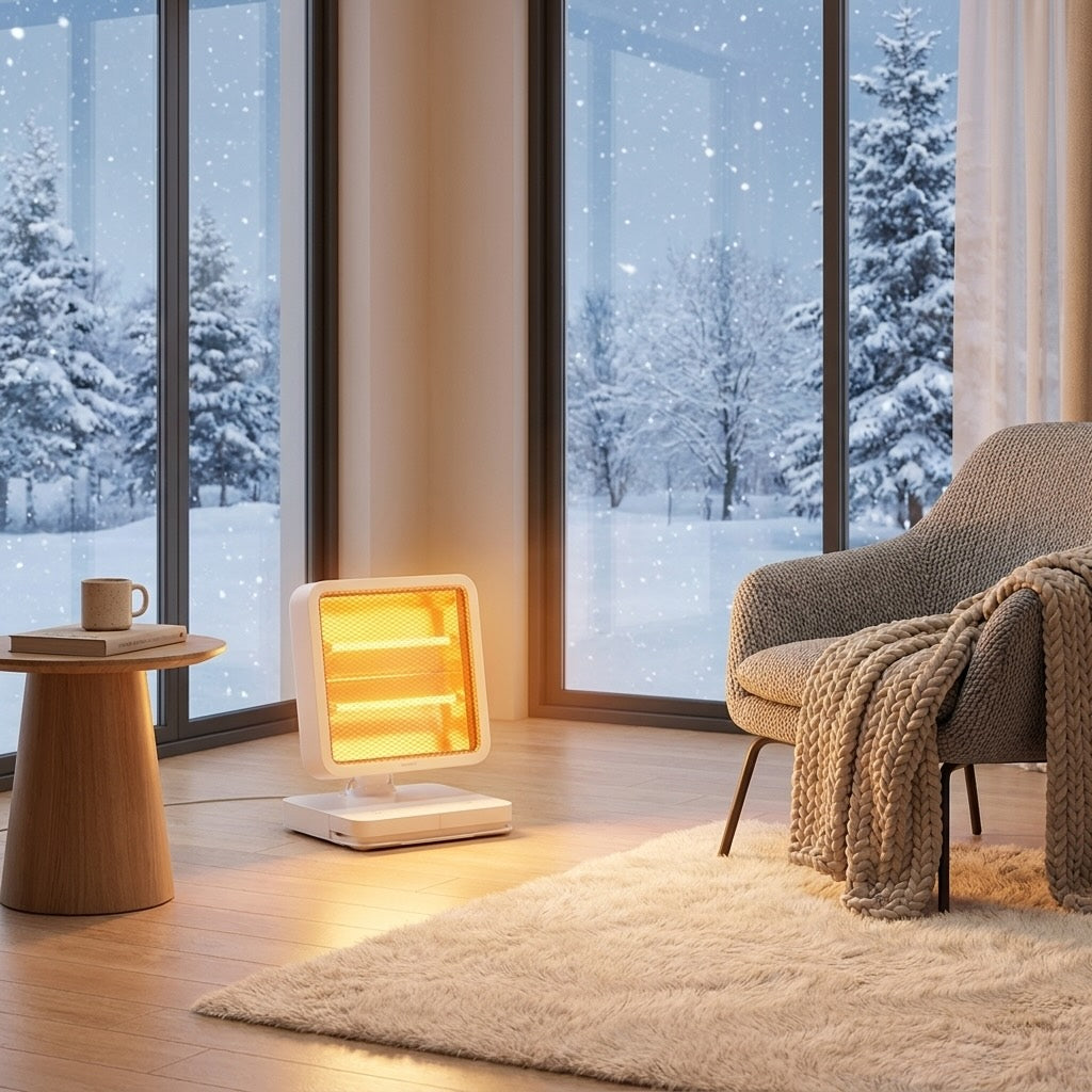 FODGLØD kompakt minivarmer på 500 W placeret under et skrivebord
