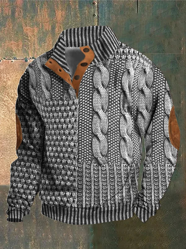 Mand i grovstrikket pullover med markant mønster