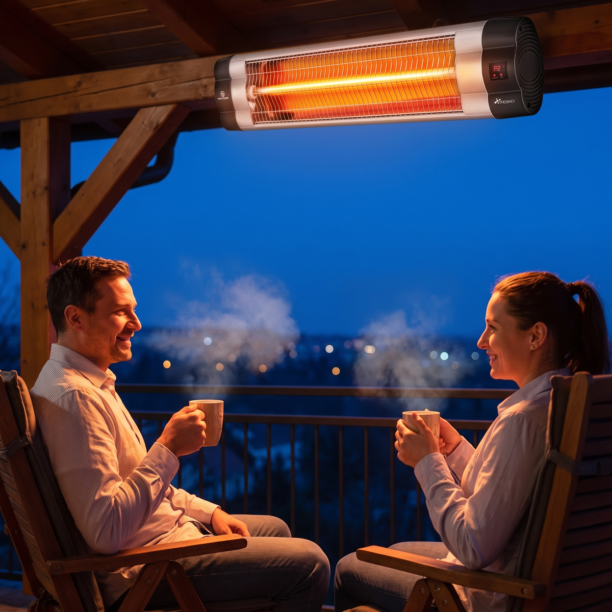 Fjernbetjening og rødt display på den vægmonterede terrassevarmer