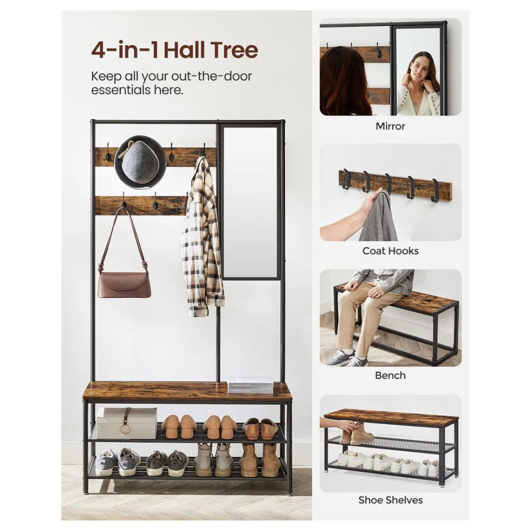 Garderobestativ med skoreol bænk og spejl 4-i-1