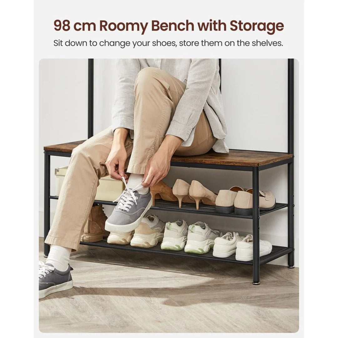 Garderobestativ med skoreol bænk og spejl 4-i-1