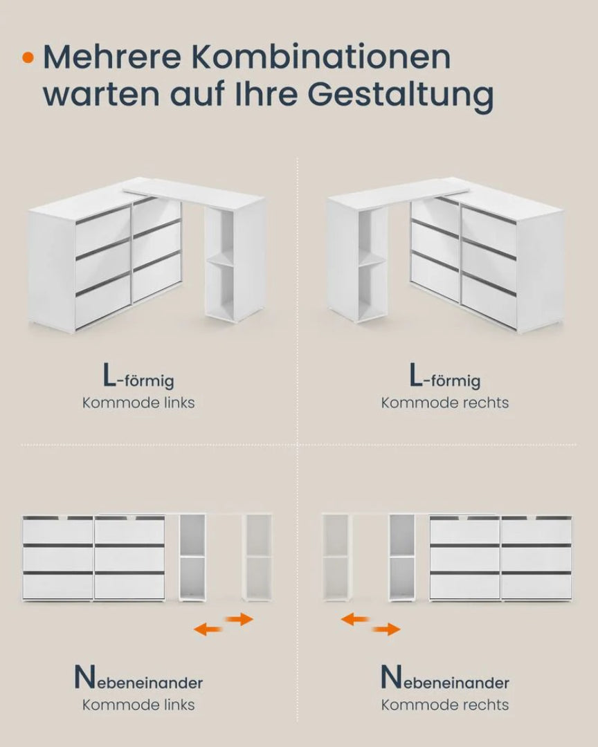 L-formet sminkebord med 6 skuffer og skab