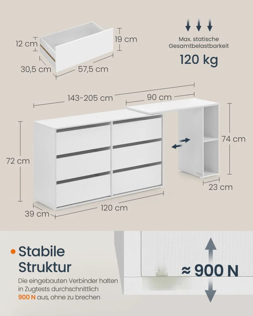 L-formet sminkebord med 6 skuffer og skab