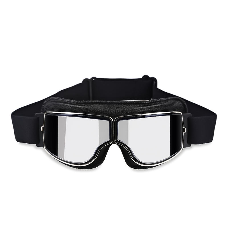 Goggles i khaki læder med klar linse og bred elastikrem