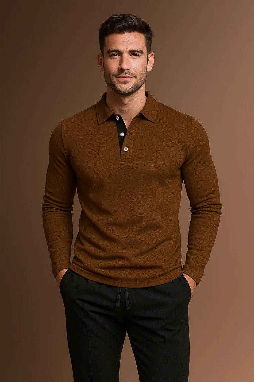 Langærmet poloshirt til herrer med krave og knaplukning i regular fit – billede 3