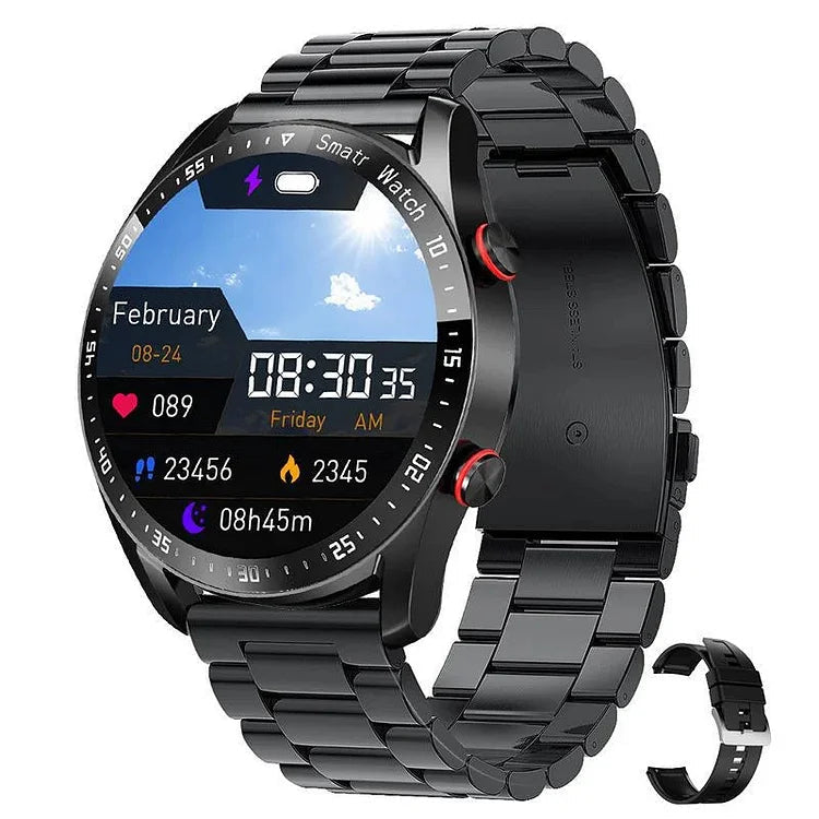 Smartwatch med sort stålrem og sundhedsdata på den brede skærm