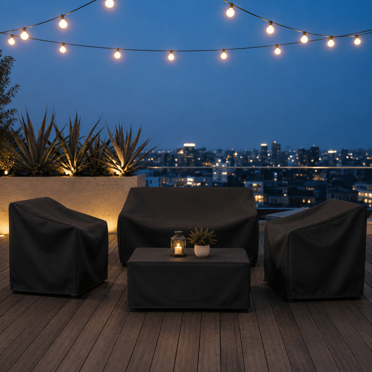 Møbelovertræk i sølv over en loungegruppe på en terrasse