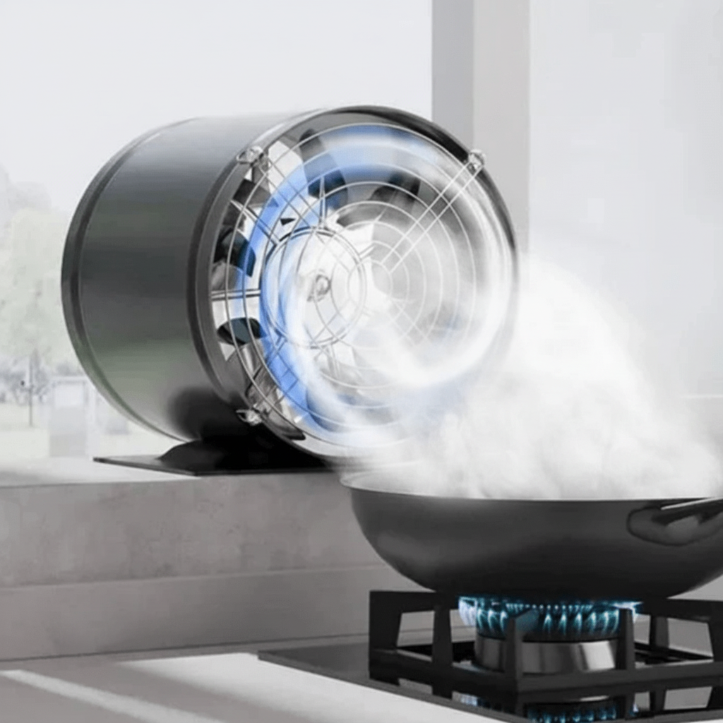 LUFTVANG udsugningsventilator i sort set forfra med metalgitter