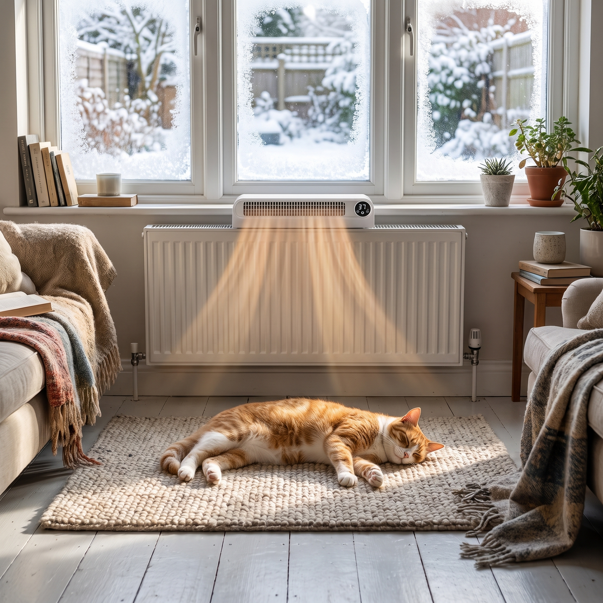 Touchpanel med temperaturdisplay på den hvide radiatorventilator