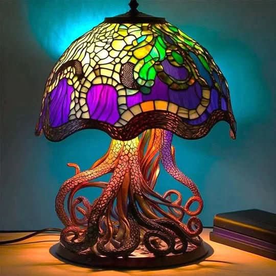 Dekorativ mosaiklampe i farvet glas med blødt lys – billede 8