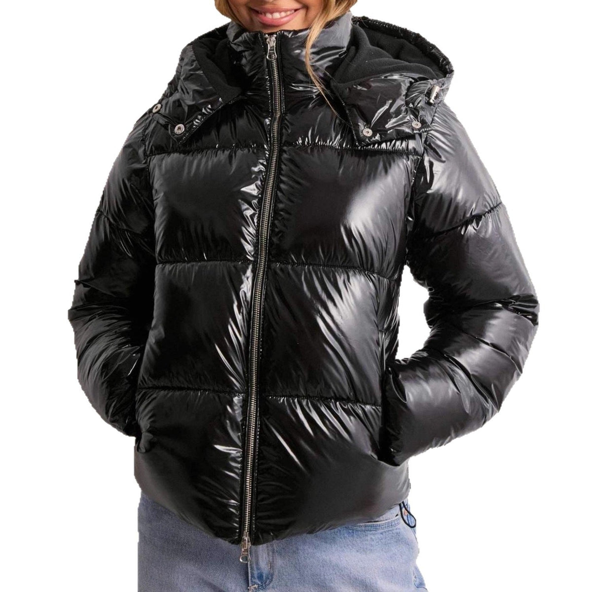 Blank vatteret pufferjakke til damer med hætte og lynlåslommer, billede 5