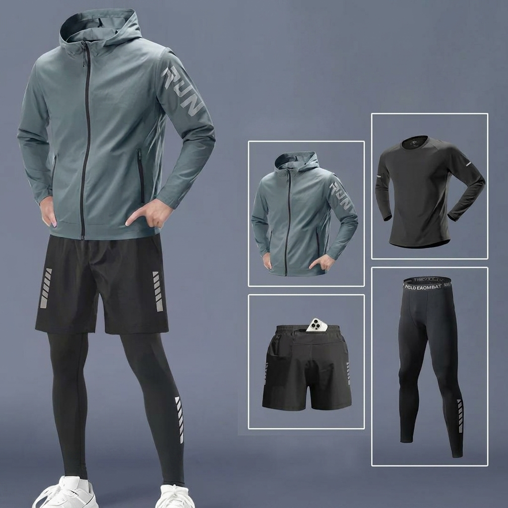 Sort træningssæt med hættejakke, langærmet trøje, shorts med mobillomme og leggings