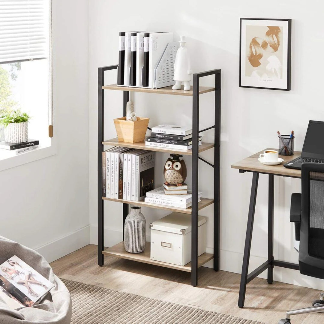 Bogreol med 4 niveauer, stålstel og hylder i spånplade, produktvisning 10 | Noreva Home