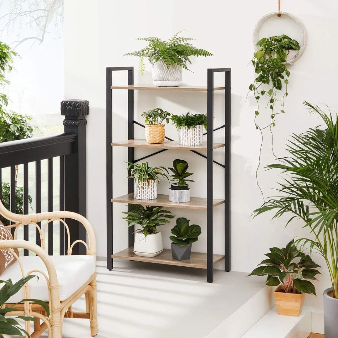 Bogreol med 4 niveauer, stålstel og hylder i spånplade, produktvisning 11 | Noreva Home
