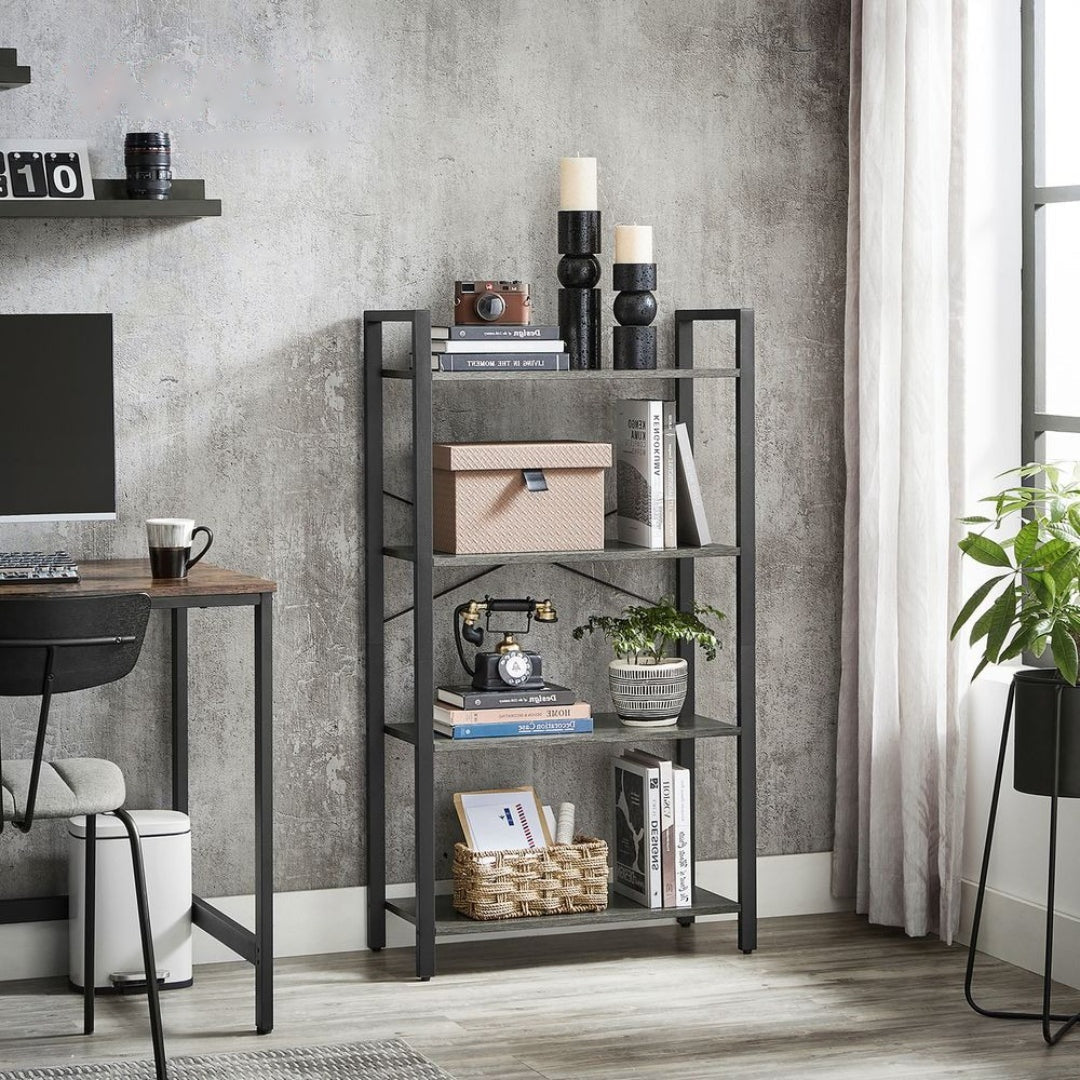 Bogreol med 4 niveauer, stålstel og hylder i spånplade, produktvisning 16 | Noreva Home