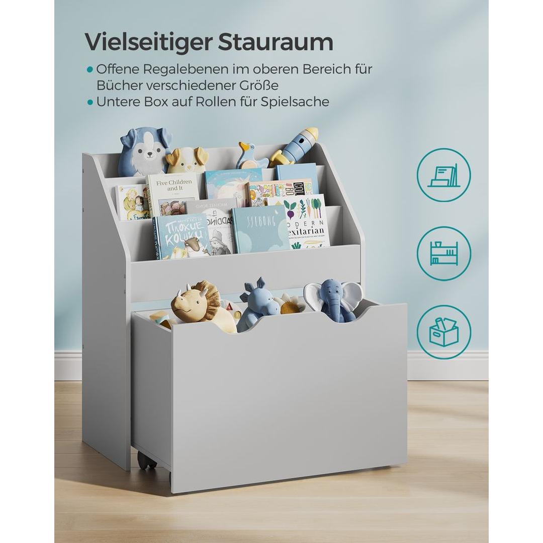 Børnelegetøjsreol med hjul – opbevaringsreol med 3 hylder og udtrækkelig kasse til bøger og legetøj – produktvisning 12 | Noreva Home