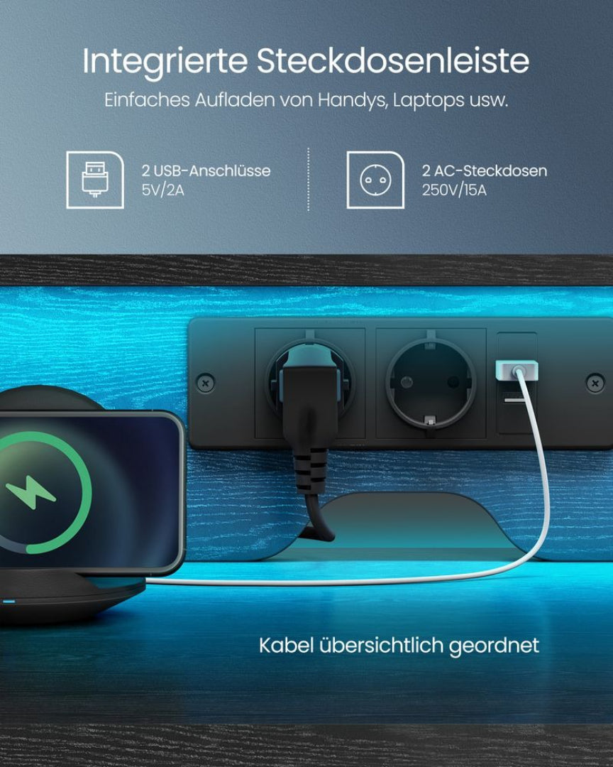 Computerskrivebord med LED-lys og stikkontakter – produktvisning 9 | Noreva Home
