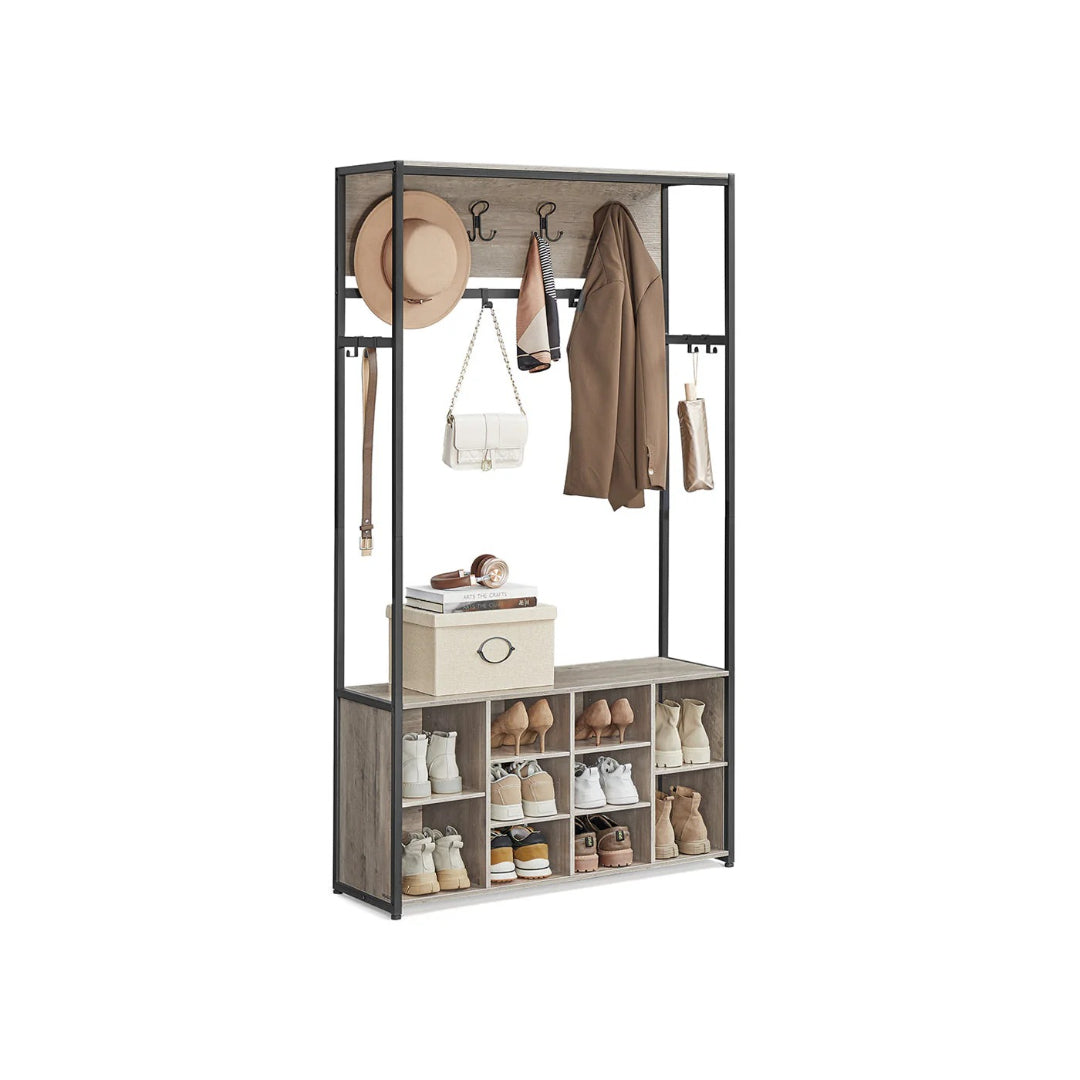 Entrégarderobe med bænk, 14 knager og justerbare skohylder, produktvisning 2 | Noreva Home