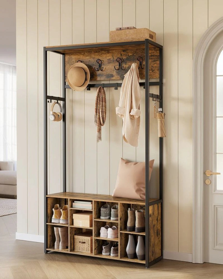 Entrégarderobe med bænk, 14 knager og justerbare skohylder, produktvisning 3 | Noreva Home