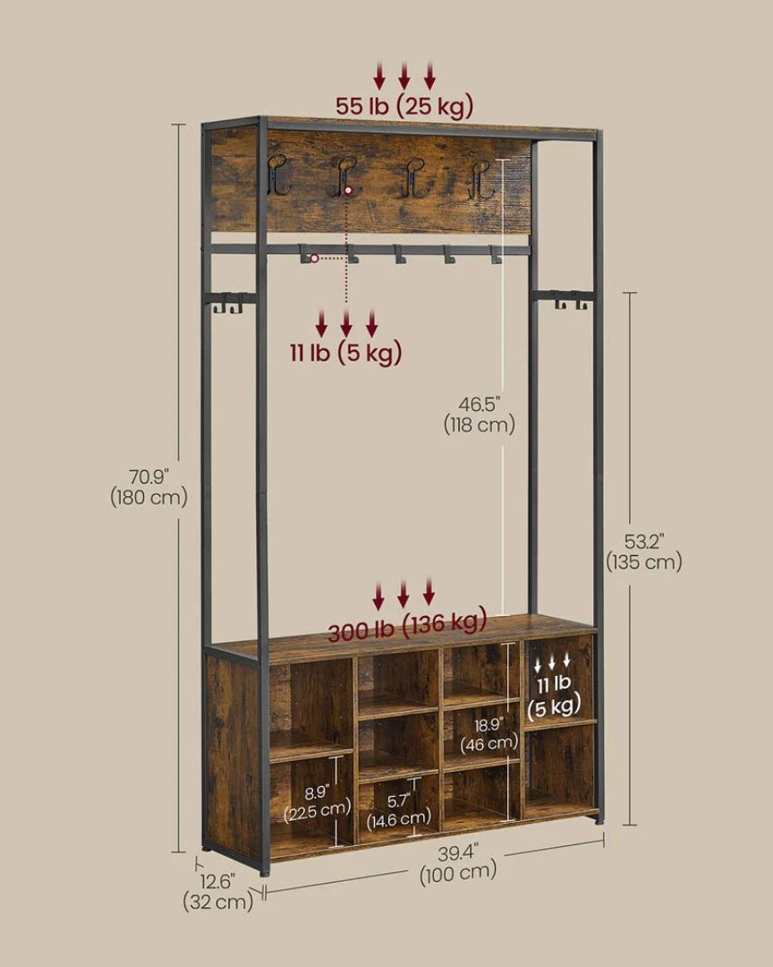 Entrégarderobe med bænk, 14 knager og justerbare skohylder, produktvisning 7 | Noreva Home