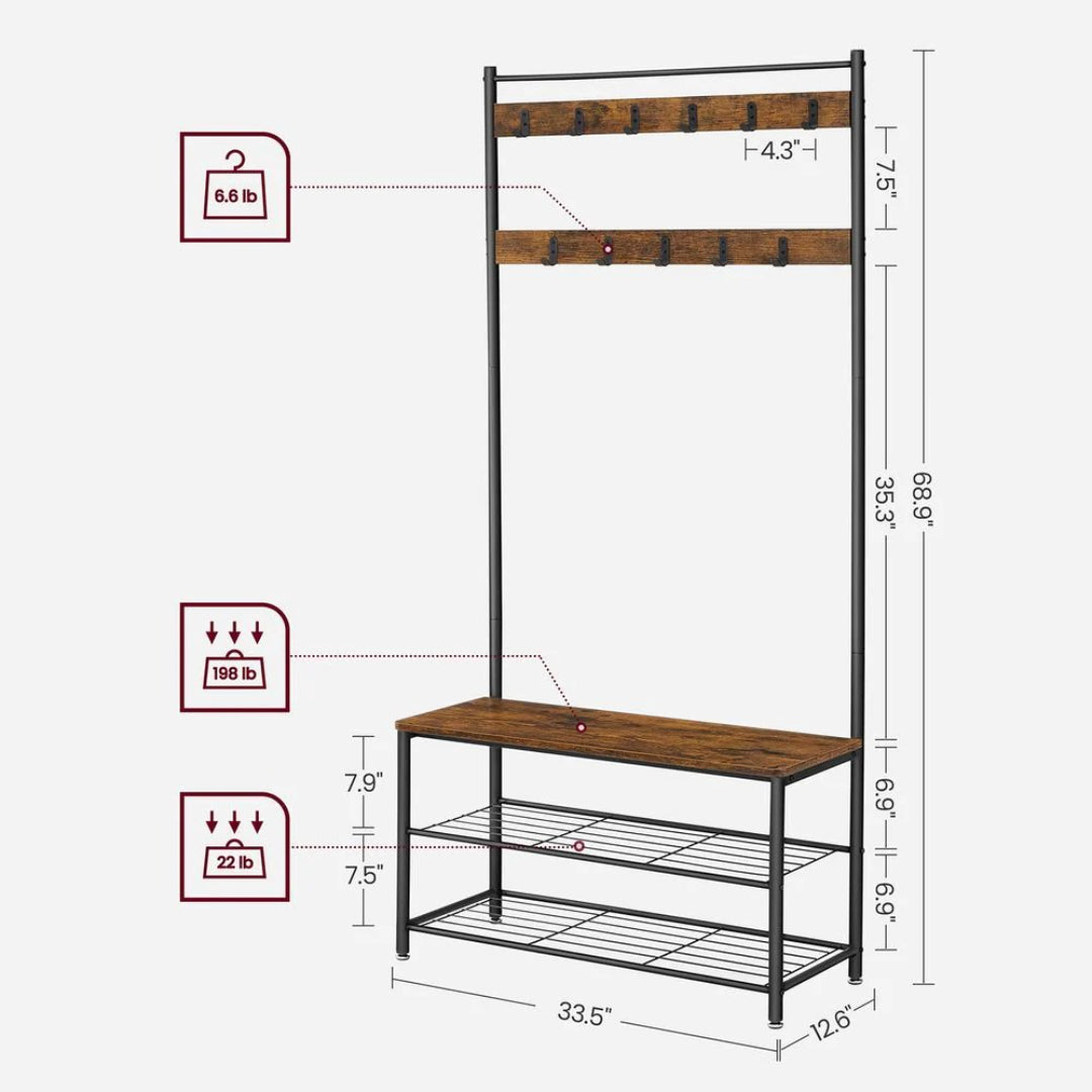 Entrégarderobe med bænk, 9 knager og trådhylder, produktvisning 7 | Noreva Home