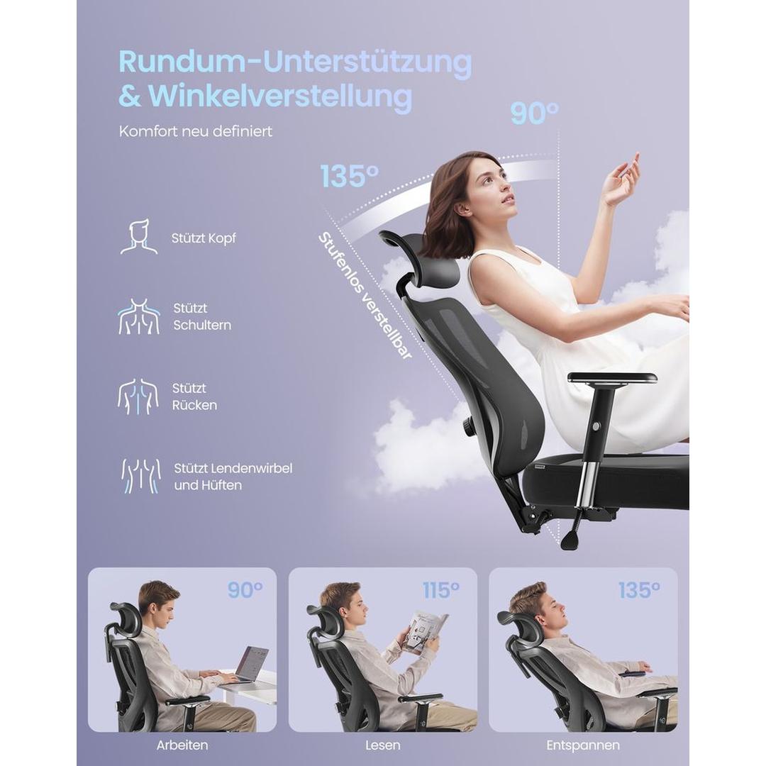 Ergonomisk Kontorstol med Justerbar Lændestøtte – Sort Drejestol med 4D-Armlæn og Nakkestøtte – produktvisning 6 | Noreva Home