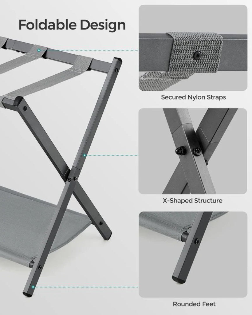 Foldbart bagagestativ i stål med X-stel og hylde, produktvisning 8 | Noreva Home