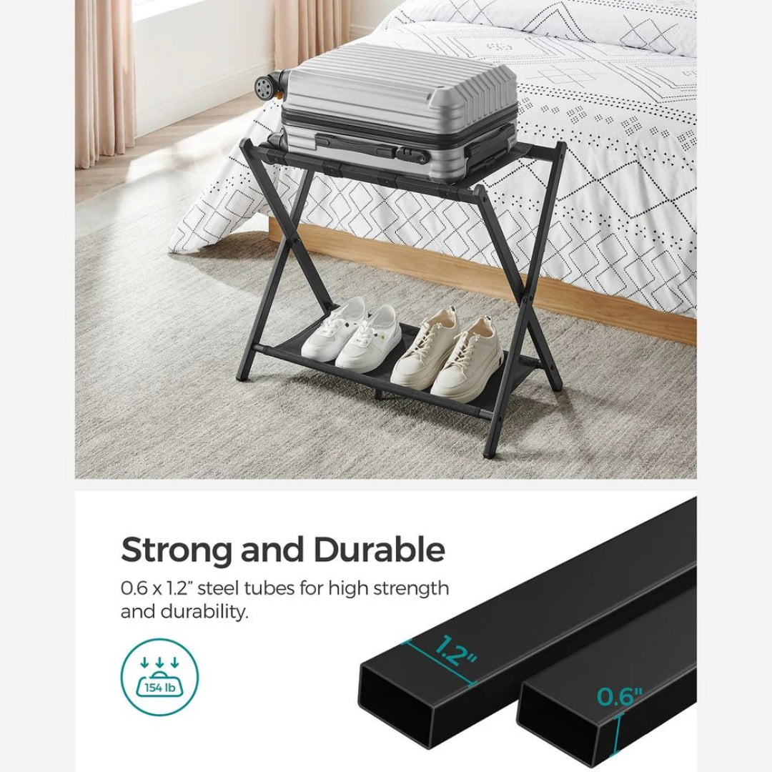 Foldbart bagagestativ i stål med X-stel og hylde, produktvisning 14 | Noreva Home