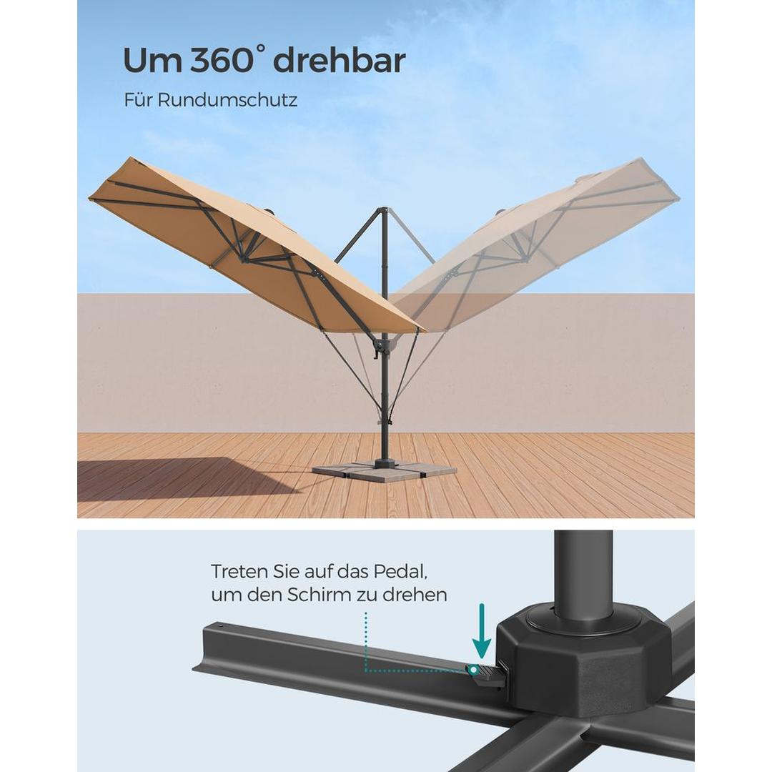 Hængeparasol 270 x 270 cm – 360° drejelig og vipbar 0-60° – UPF 50+ – stålstativ med kryds-fod – produktvisning 7 | Noreva Home