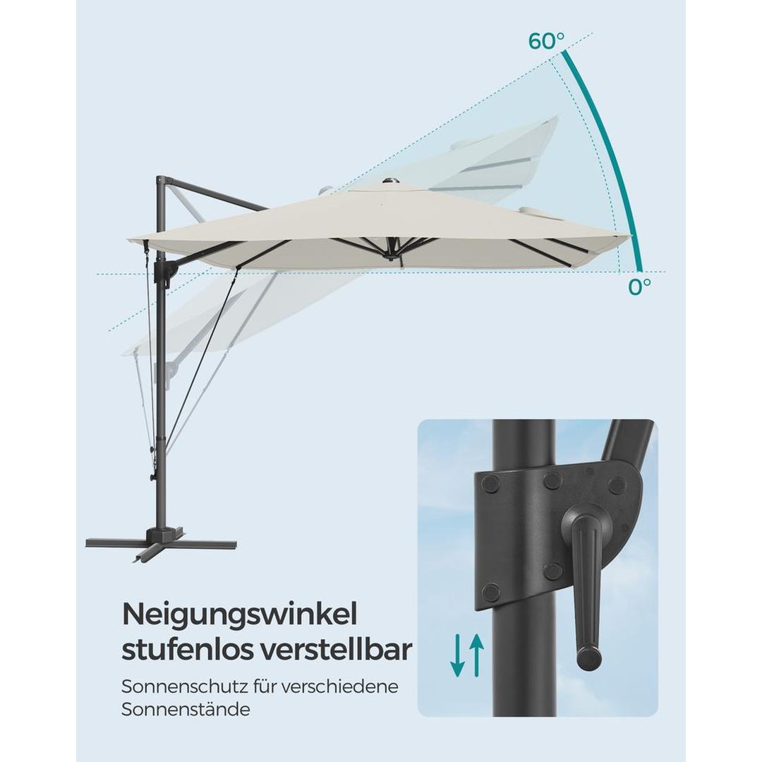 Hængeparasol 270 x 270 cm – 360° drejelig og vipbar 0-60° – UPF 50+ – stålstativ med kryds-fod – produktvisning 8 | Noreva Home