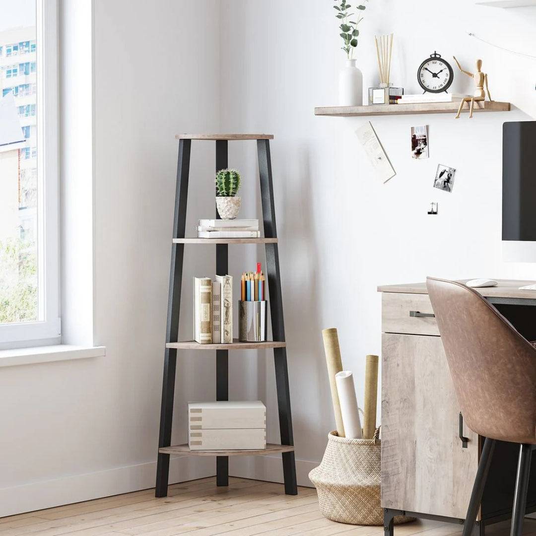 Hjørnereol med 4 niveauer, stålstel og hylder i spånplade, produktvisning 6 | Noreva Home