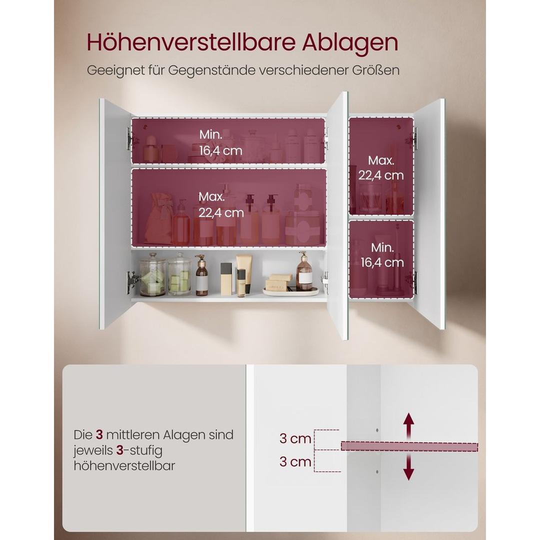 Hvidt spejlskab – vægskab med 3 spejllåger og justerbare hylder – produktvisning 9 | Noreva Home