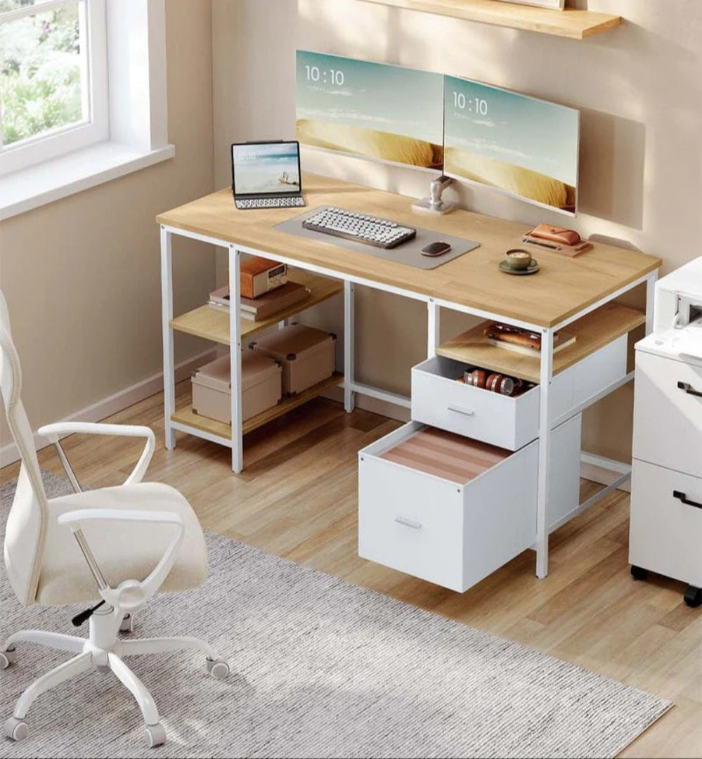 Industrielt computerskrivebord med skuffer og hylder – produktvisning 5 | Noreva Home