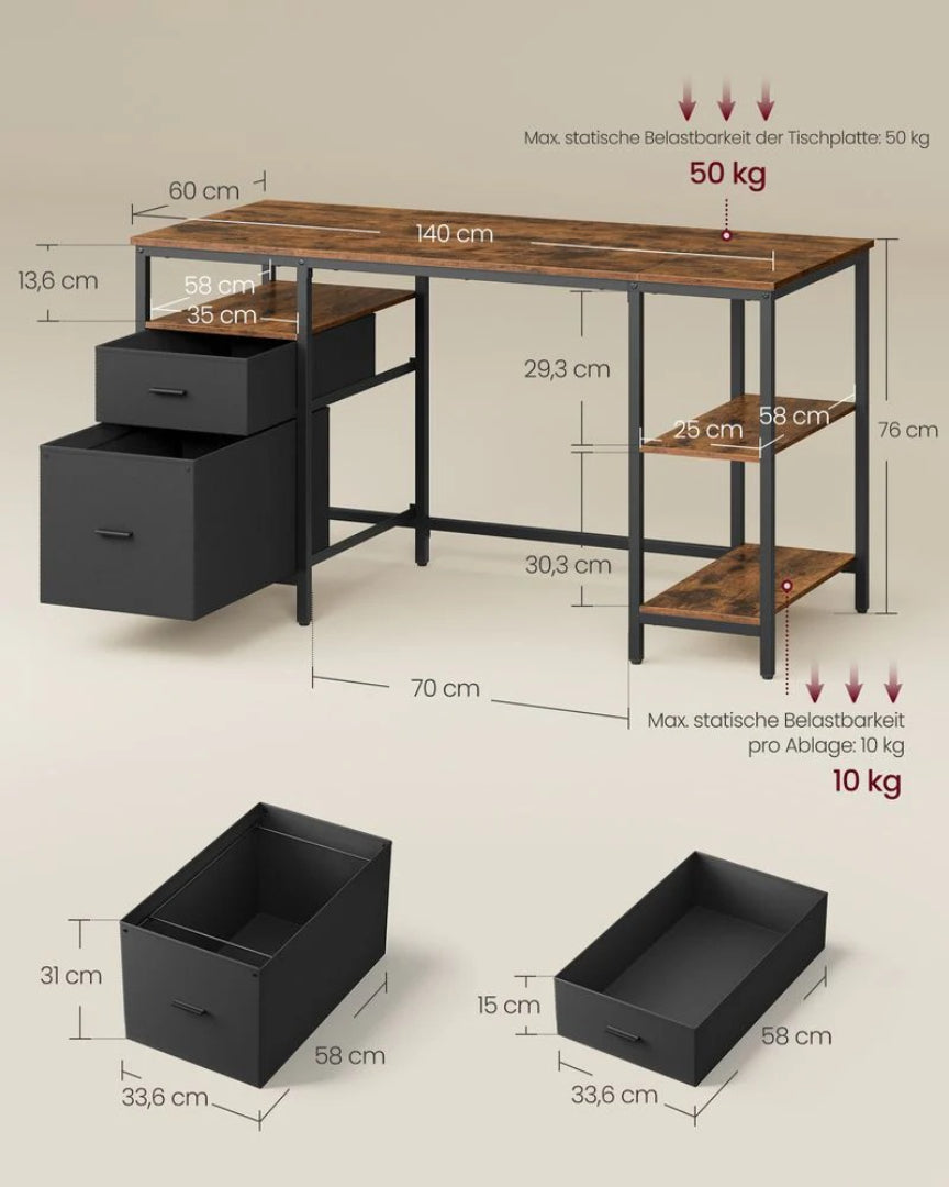 Industrielt computerskrivebord med skuffer og hylder – produktvisning 9 | Noreva Home