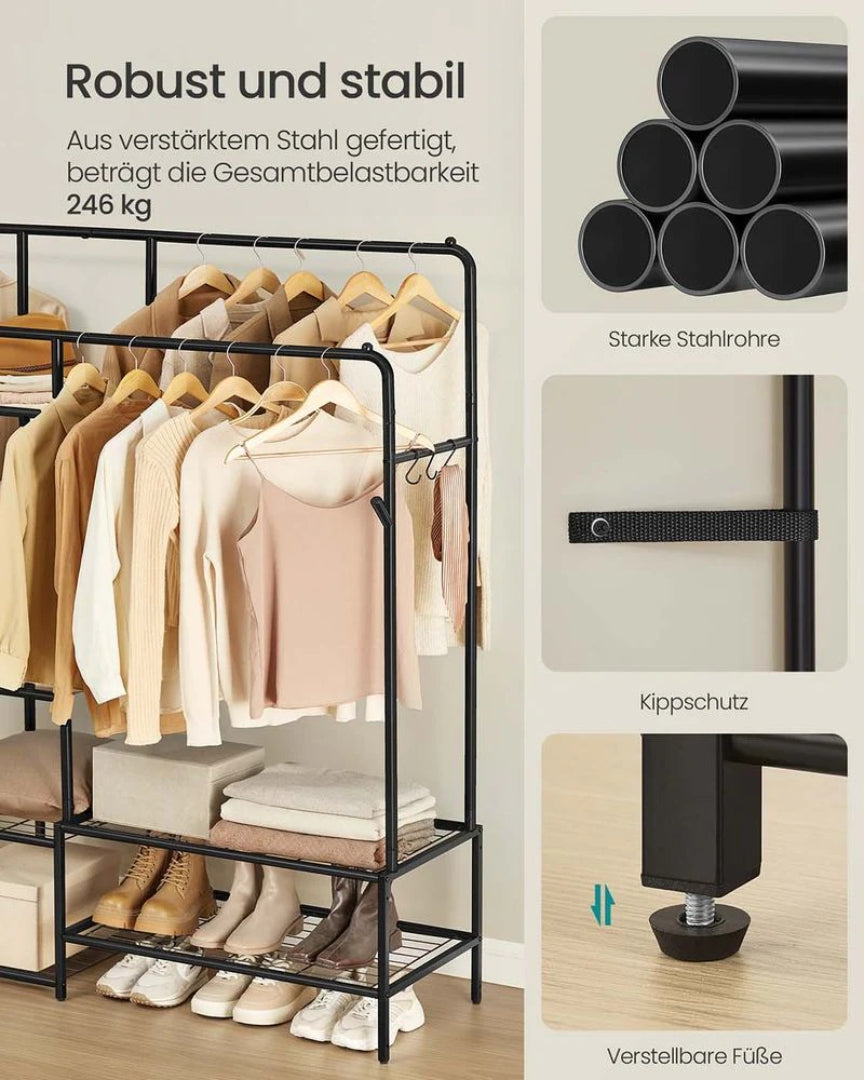 Industrielt tøjstativ med 2 stænger og hylder – produktvisning 4 | Noreva Home