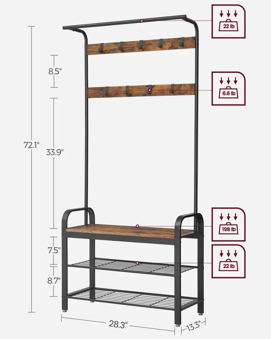 Knagerække med bænk, skohylder, bøjlestang og 9 kroge, produktvisning 15 | Noreva Home