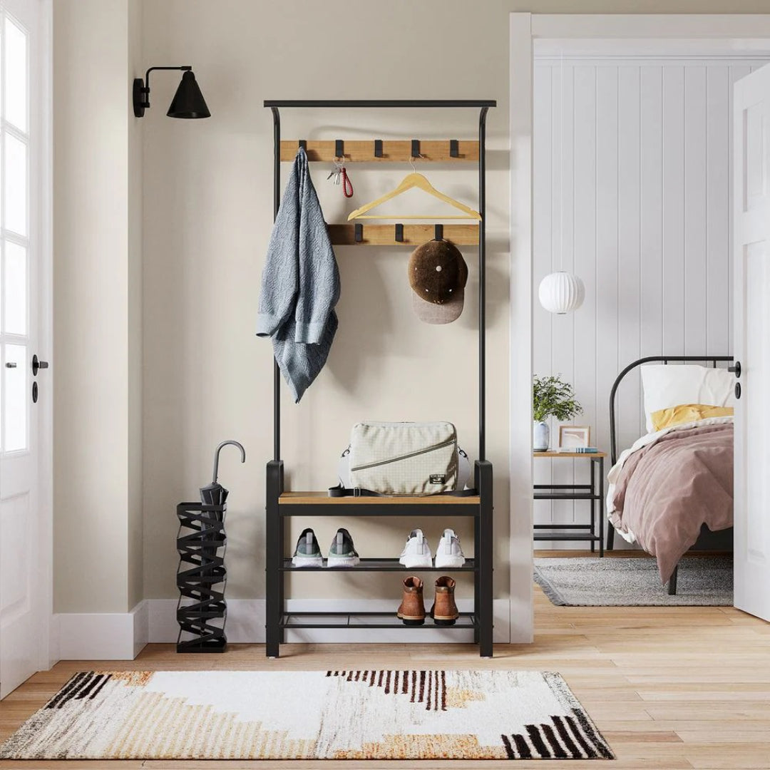 Knagerække med bænk, skohylder, bøjlestang og 9 kroge, produktvisning 23 | Noreva Home