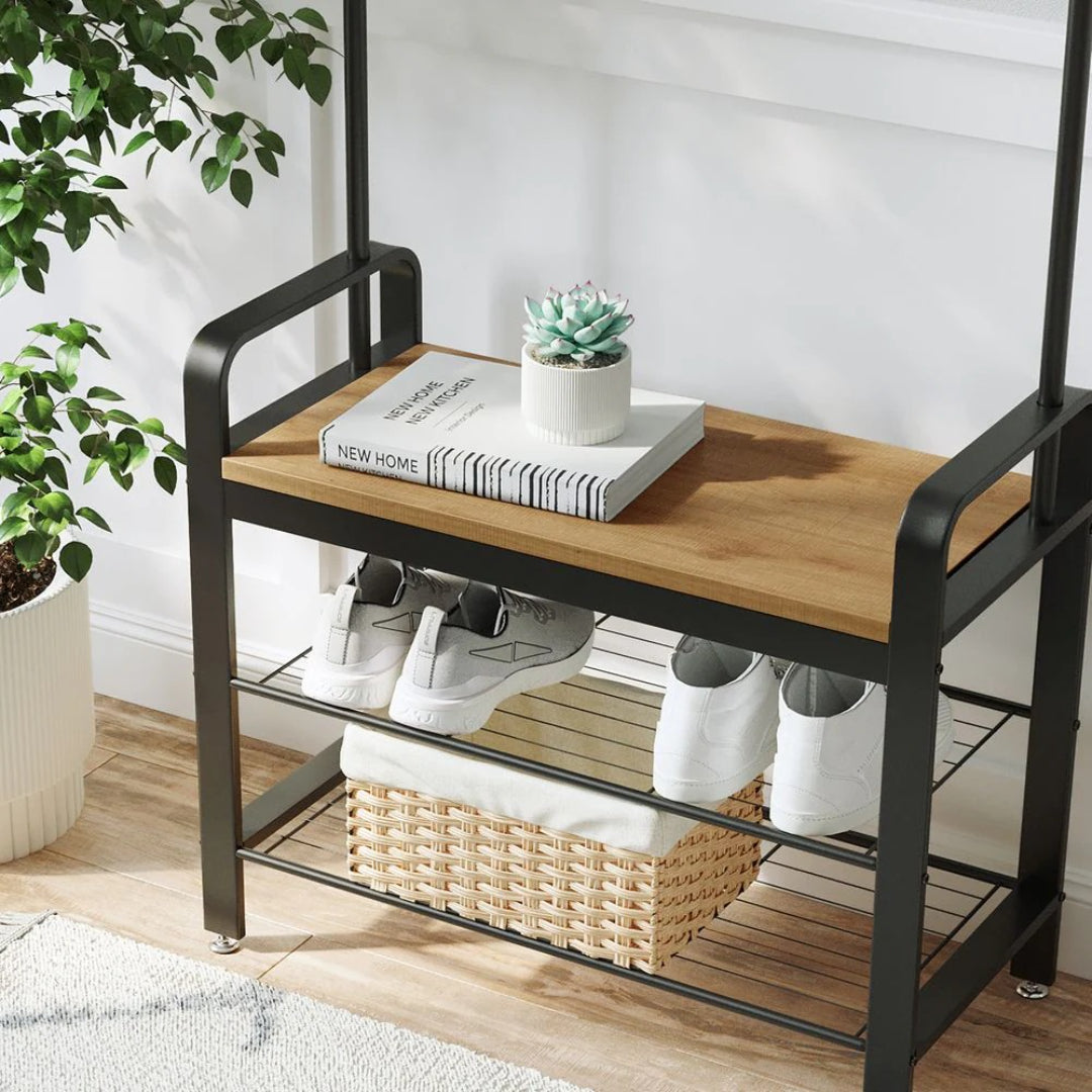 Knagerække med bænk, skohylder, bøjlestang og 9 kroge, produktvisning 25 | Noreva Home